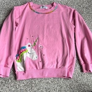 Lola + The Boys Pink Unicorn Applique Sweatshirt with Rainbow Trim